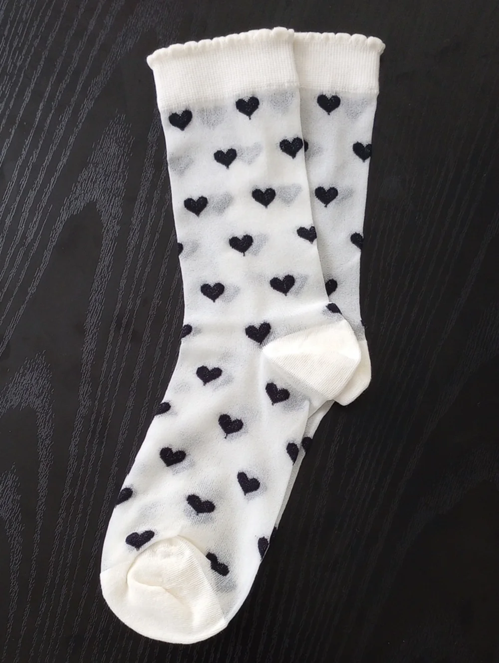 Cream Off White Crew Sheer Mid calf Socks with Black Heart Pattern